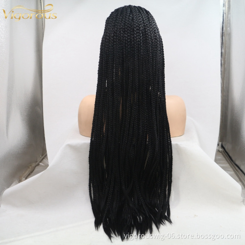 Long straight black brown cheap wholesale high guality heat resistant synthetic braided wig with lace front